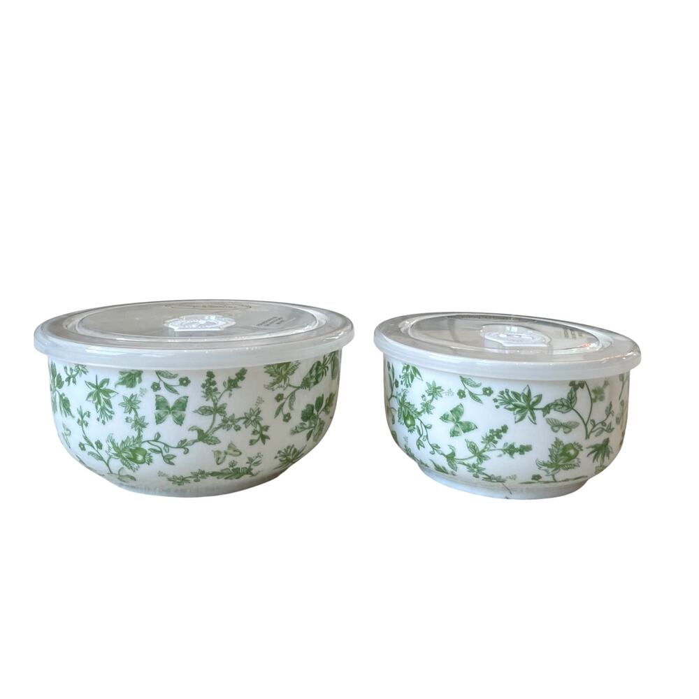 2pc Grace Pantry Porcelain Vented Lidded Storage Bowls Green & White Floral NEW